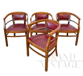 Set di 4 sedie Art Déco a pozzetto in legno e skai bordeaux, Italia anni '40                            