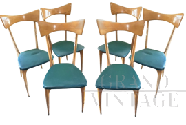 Set di 6 sedie Ico Parisi in legno chiaro con seduta in skai verde