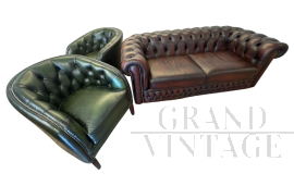Set di divano e 2 poltrone Chesterfield originali                            