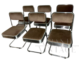 Set di sei sedie vintage in metallo cromato e velluto marrone