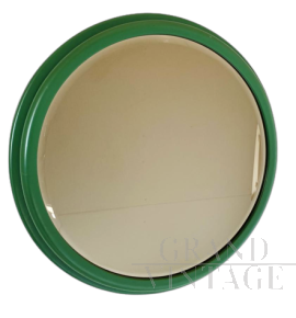 Specchio vintage rotondo in legno massello color verde                            