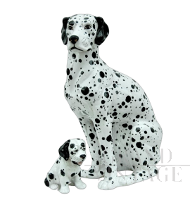 Statua vintage di cane dalmata con cucciolo in ceramica, anni '70                            