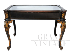 Tavolino a bacheca antico Napoleone III in legno ebanizzato e madreperla