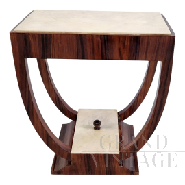 Tavolino bifacciale in stile art déco in legno e pergamena con cassetti                            