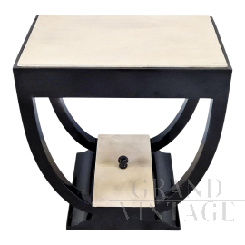 Tavolino bifacciale in stile art déco in legno nero e pergamena con cassetti                            