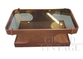 Tavolino da salotto vintage in teak con rotelle e piano in vetro