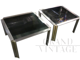 Tavolino in ottone e acciaio con vetro fumé, anni '60