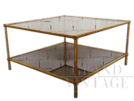 Tavolino vintage in ottone con piani in vetro fumé