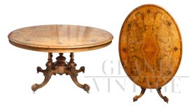Tavolo a vela antico Vittoriano Inglese in radica di noce con intarsi                            