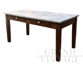 Tavolo vintage da cucina in legno con piano in marmo e due cassetti, anni '60