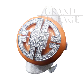 White gold ring with Sardinian coral button and diamonds    