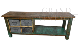 Vintage industrial workbench counter with 4 metal drawers