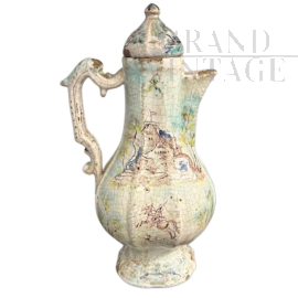 Antique jug or coffee pot in painted Albisola ceramic, 18th century