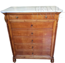 Antique Louis Philippe era small tallboy dresser with marble top  