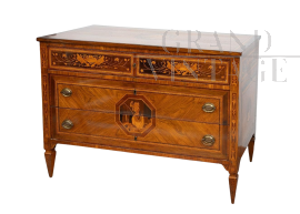 Antique Louis XVI Lombard chest of drawers in fine woods, 18th century