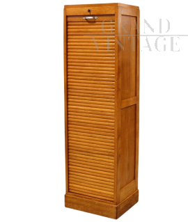 Small office bookcase filing cabinet with single rolling shutter in oak