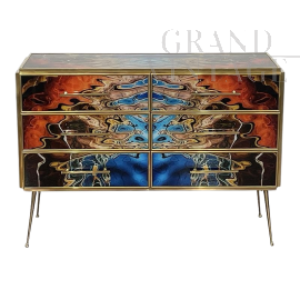 Dresser with six drawers in multicolored glass with abstract pattern