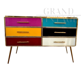 Dresser with six colored glass drawers