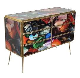 Dresser with six drawers in colored glass with abstract design          