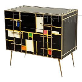 Designer dresser in black glass with colored elements