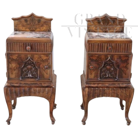 Pair of Art Deco bedside tables in walnut with carvings