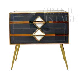 Vintage bedside table covered in dark grey glass and brass, 1970s