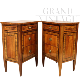 Pair of antique Louis XVI bedside tables in inlaid walnut, Italy 18th century