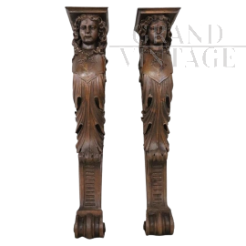 Pair of antique caryatid pilasters in walnut, early 20th century   