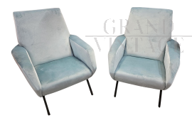 Pair of design armchairs by Gigi Radice in light blue velvet