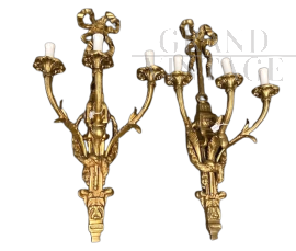 Pair of large antique bronze wall lights, Napoleon III period - late 19th century