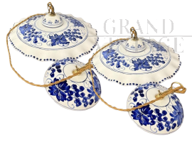 Pair of vintage hand-painted ceramic chandeliers with blue decorations