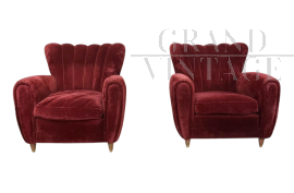 Pair of 1940s Art Deco armchairs in burgundy velvet