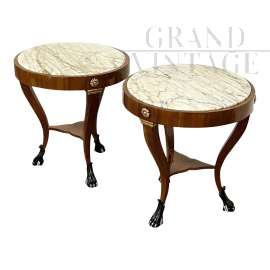 Pair of French antique style coffee tables with marble top, late 1900s