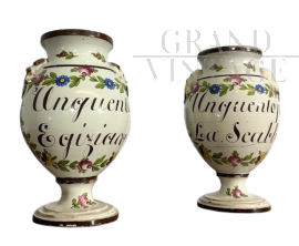 Pair of antique painted apothecary jars from the late 18th century