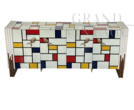 Mondrian style glass sideboard with fish-shaped handles    
