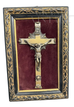 Antique 19th century bronze crucifix with frame