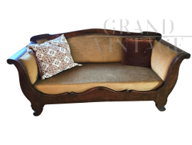 Antique 19th century sofa in walnut wood and beige velvet