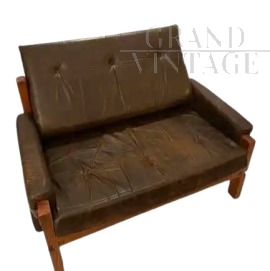 S18Y two-seater sofa by Pierre Chapo in brown leather