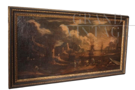 Giovanni Grevenbroec - Painting with a view of the port at dawn, oil on canvas, 17th century