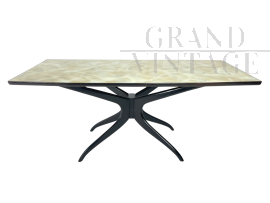 Large Ico Parisi style table in dark wood with marbled glass top