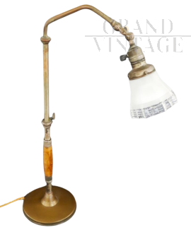 1930s directional lamp in brass, wood and glass