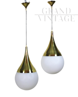 1970s drop suspension light in brass and glass