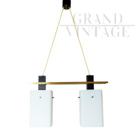 Stilnovo pendant chandelier in opaline glass and brass, Italy 1960s