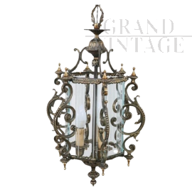 Vintage 80s lantern in chiseled bronze and glass           