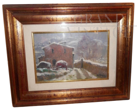 Snowy landscape, oil painting on cardboard, 20th century, signed