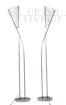 Vintage floor lamp with two intertwined stems in brass and glass 