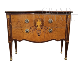 Small antique Louis XVI style chest of drawers in walnut briar with inlays