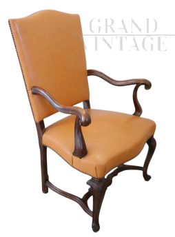 Antique armchair in walnut and yellow leather, late 19th century