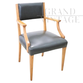 1950s desk chair in green faux leather and light oak