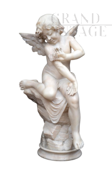 Antique Napoleon III alabaster sculpture depicting a winged cherub